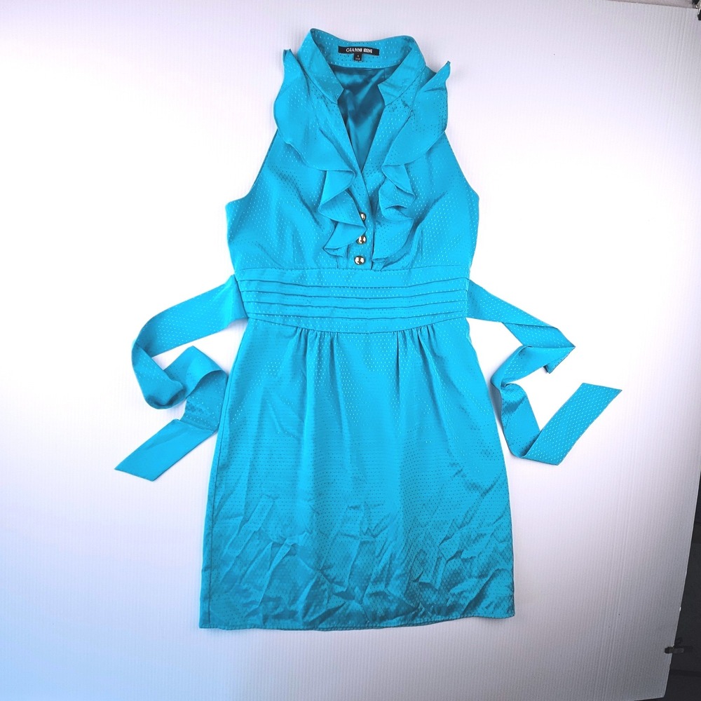 Gianni Bini Turquoise Blue Ruffle Halter Mini Dress Sash Tie Y2K Glam Size 4